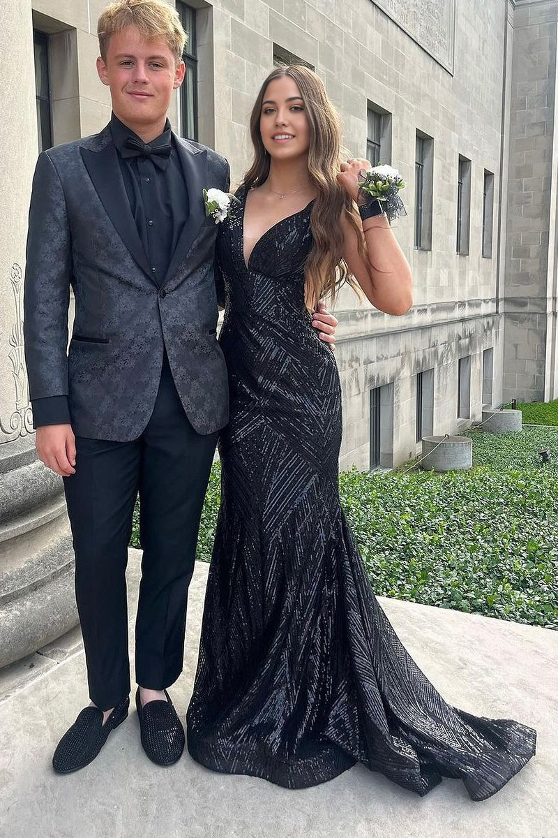 Mermaid Charming V Neck Black Sequins formal dresses evening gown Long Prom Dresses